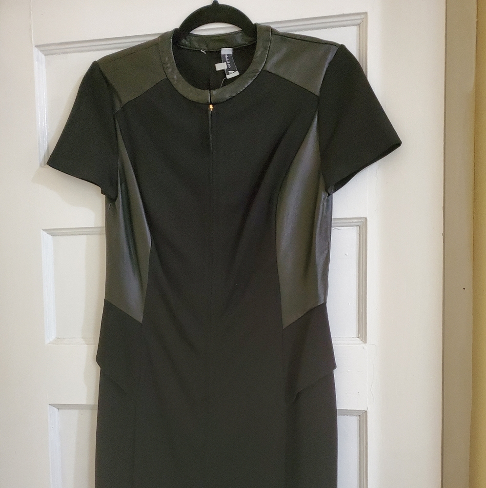 Black dress poplin with faux leather trim